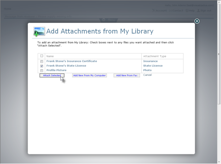 Figure 20 Adding Attachments from the Applicant's Library